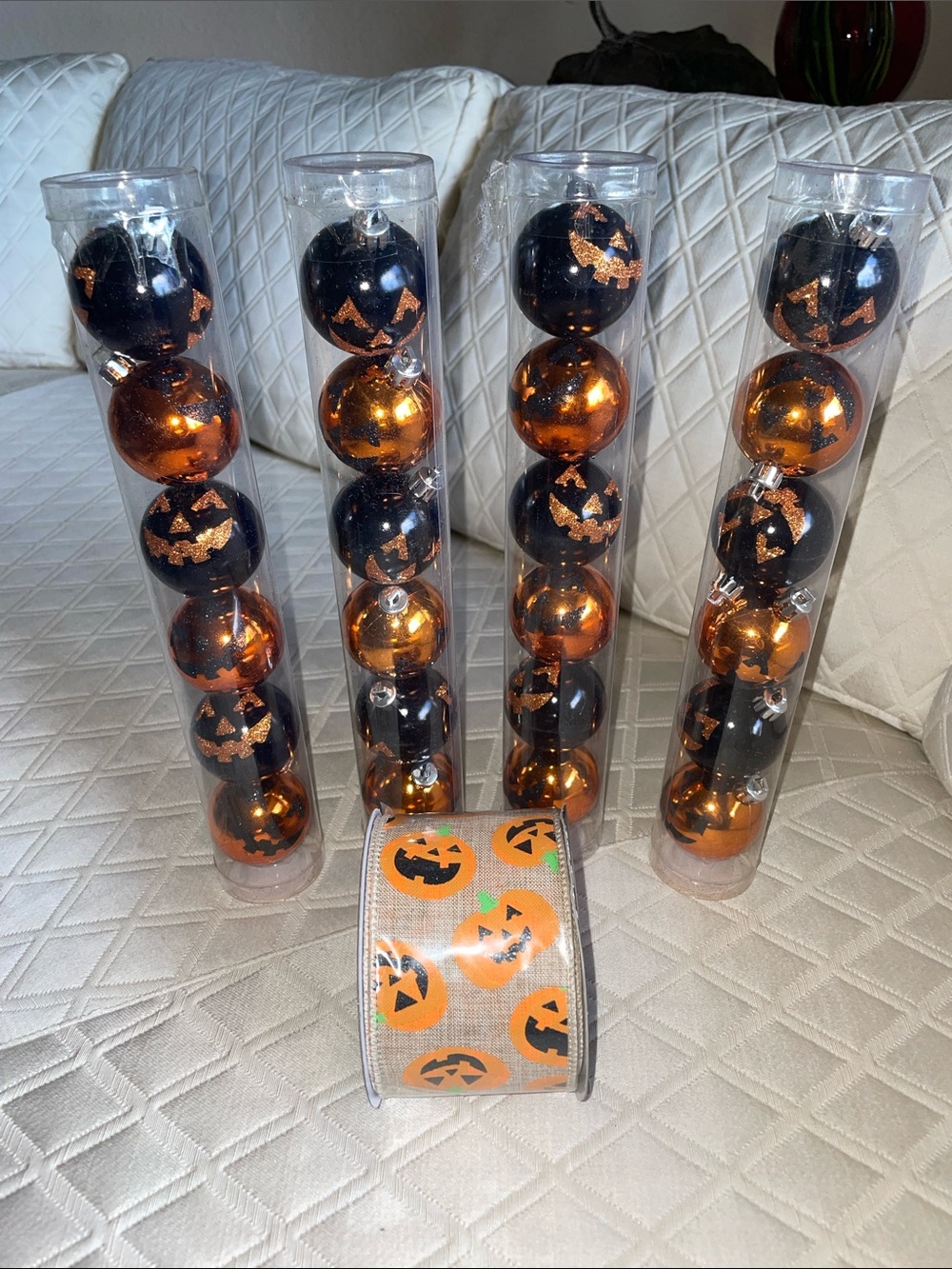Halloween Jack O Lantern Ornaments plus Pumpkin Wire Ribbon NWT